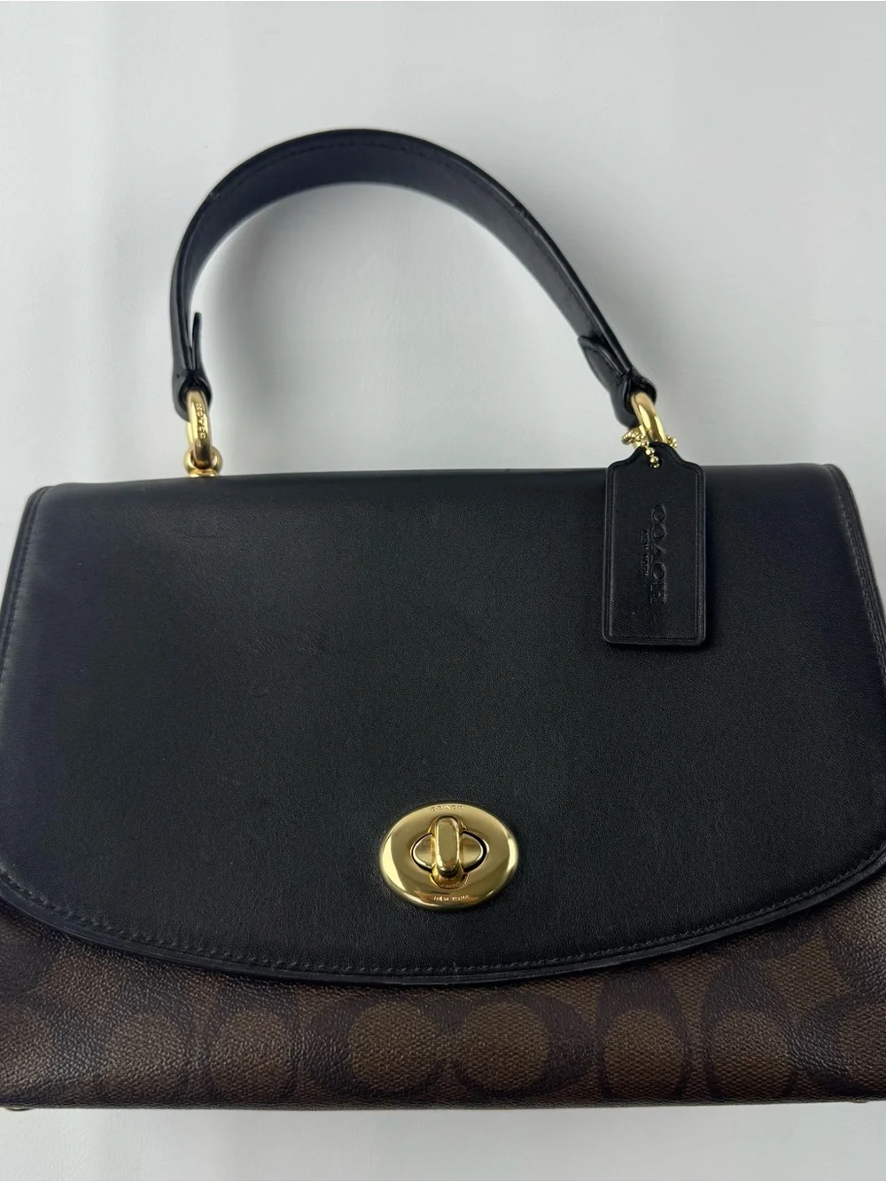 Coach Tilly Top Leather & Brown Signature Satchel with Gold Turnlock